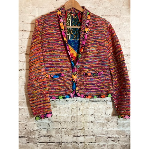 Bev Cobb Artsy Jacket Womens XL Art To Wear Rare Fabb Raggs Mexican Rug Fabric - Picture 1 of 13